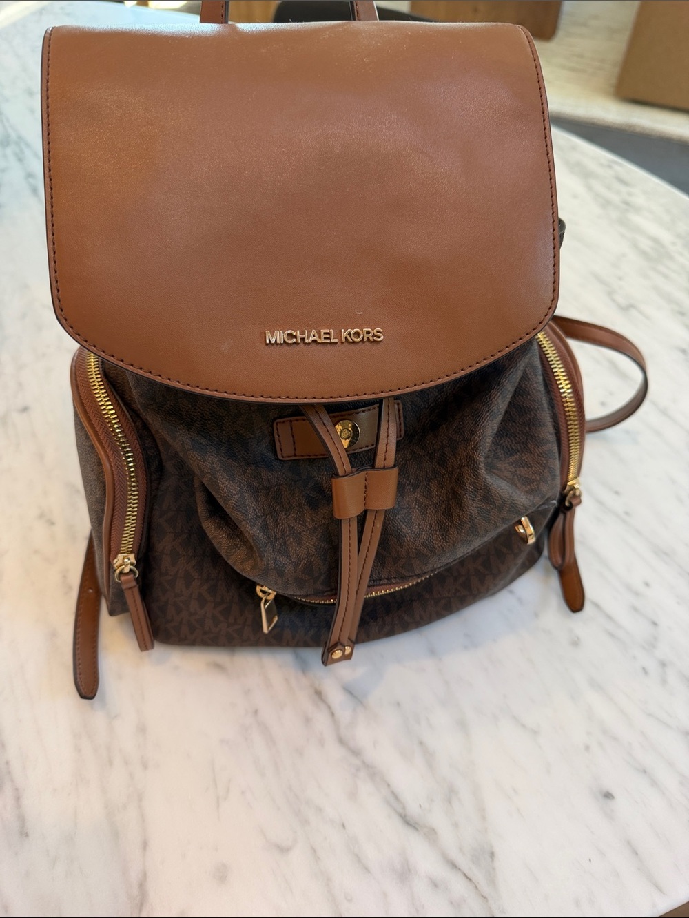 Michael Kors Brown Signature MK Backpack with Leather Flap